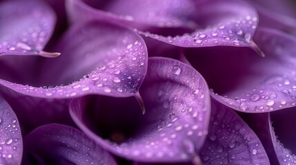   A close-up of a purple flower, adorned with water droplets on its petals, each one sparkling in the light