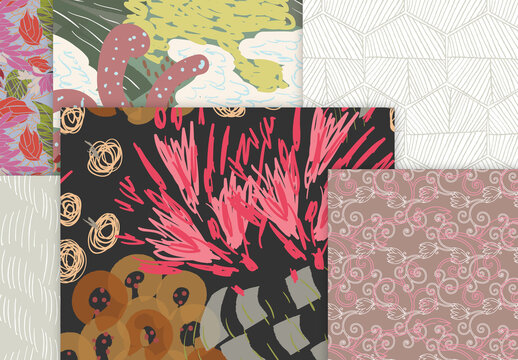 Seamless Pattern Collection with Hand Drawn Rough Abstract Strokes and Floral Elements