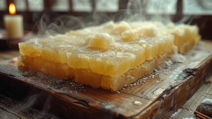   A tight shot of food on a cutting board emitting smoke from its surface