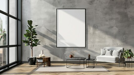 mockup poster on the living room wall. Interior mock-up. Apartment background. Modern interior design. 3D rendering