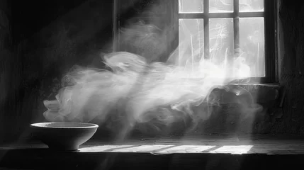Foto op Plexiglas  smoke escaping from a window, a bowl on the table nearby © Jevjenijs