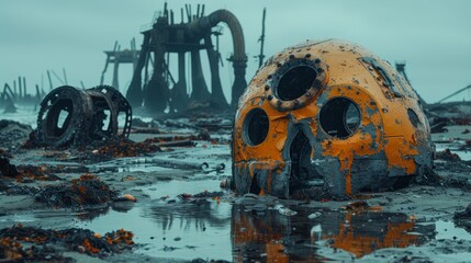   A yellow-black object sits atop a damp ground near a large structure, surrounded by water's expanse - obrazy, fototapety, plakaty