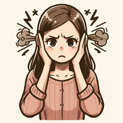 Vector woman covering ears with hand cartoon illustration