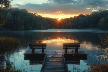 Two benches on dock by lake - obrazy, fototapety, plakaty