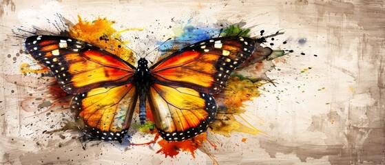   A yellow butterfly, depicted with black spots on its wings, is painted using watercolors - obrazy, fototapety, plakaty