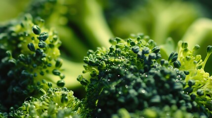 Fresh green broccoli florets covered with dew drops close up.