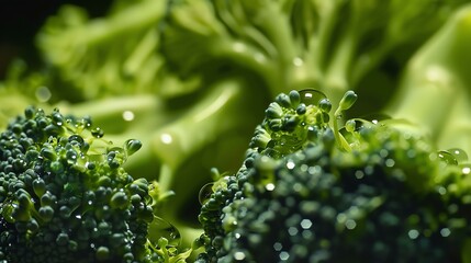 Close-up of fresh green broccoli florets with water drops on the florets.