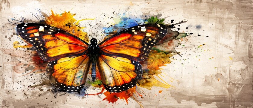   A yellow butterfly, depicted with black spots on its wings, is painted using watercolors