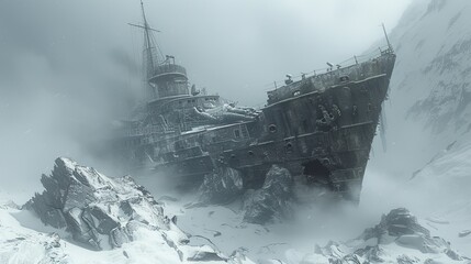   A large ship atop a mountain in foggy skies populates with individuals