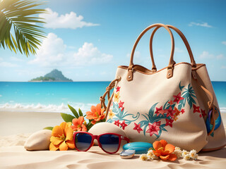 Stylish beach bag with accessories and tropical beach in the background design, summer vacation concept design.