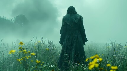   A woman in a long black dress is silhouetted against a field of yellow flowers, while a foggy sky looms in the background - obrazy, fototapety, plakaty