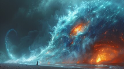   A man faces a colossal wave of fire, blue, and orange smoke on the beach In the foreground, a figure stands - obrazy, fototapety, plakaty