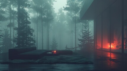   A bed, situated in the heart of a forest, emits a red light from its peak - obrazy, fototapety, plakaty