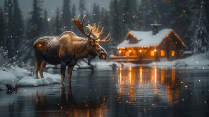  A moose stands in the snow by a body of water A cabin is situated on the opposite shore