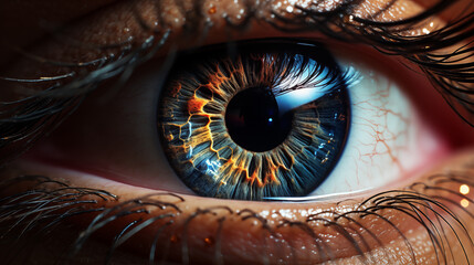 Extreme Close-up Shot of Human Eye Pupil or Iris with Blue Color and Orange Patterns like magical universe 