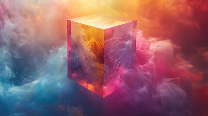   A vibrant cube floats amidst a kaleidoscopic cloud of smoke and water, its peak bathed in radiant light