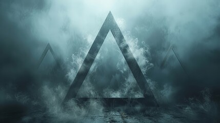   A triangular shape amidst a foggy sky, emitting smoke from its base - obrazy, fototapety, plakaty