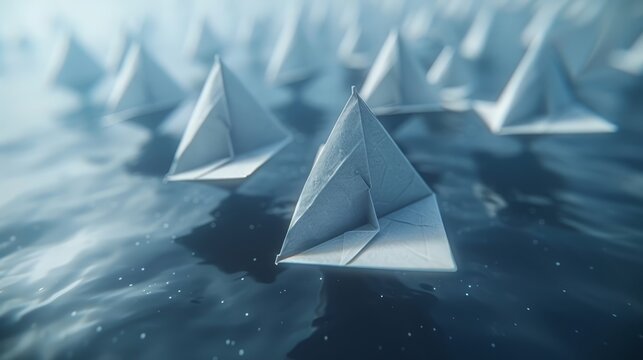   A collection of white origami boats bobbing on a body of water, against a backdrop of a blue sky