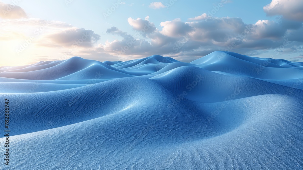 Wall mural   A vast expanse of sand dunes, bathed in a clear blue sky Sun at a distance, clouds gently scattered