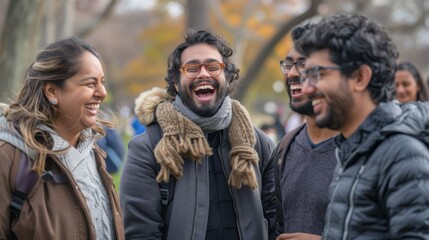 Group of Diverse Young Adults Laughing Together in a Park During Autumn