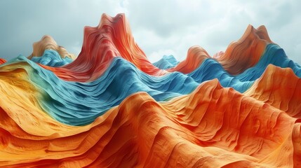   A multicolored mountain range with a cloudy sky in the backdrop and a blue foreground sky