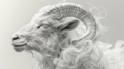   A monochrome image of a ram's head exhaling considerable smoke from its curved horns