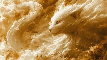   A white cat painted amidst an expansive orange-yellow smoke cloud, its eyes gaze open