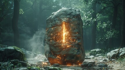   A sizable rock in the heart of a forest, emitting fire from its core, encircled by smaller stones