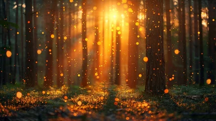 Poster   The sun brightly shines through forest trees, their leaves rustling against grassy floor Foreground features yellow tree lights © Jevjenijs