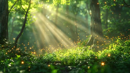   A verdant forest teems with numerous trees, beneath which a radiant sunbeam descends from above
