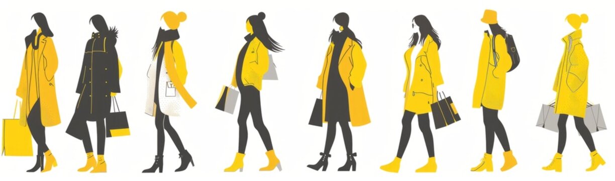 A line drawing of women in different poses and styles, with yellow accents Fashion models are depicted walking down the street with shopping bags Generative AI