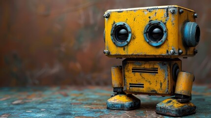   A yellow-and-black robot sits atop a blue and green floor Nearby, a rusted metal wall stands