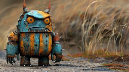   A blue and orange robot statue sits atop a field of dry grass The background is composed of similarly parched grass - obrazy, fototapety, plakaty