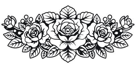 Retro old school roses for chicano tattoo outline. Monochrome line art, ink tattoo. Black and white rose flower in vector format with intricate floral botanical artwork. Nature-themed art