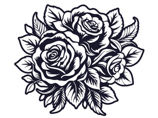 Retro old school roses for chicano tattoo outline. Monochrome line art, ink tattoo. Symmetrical silhouette illustration of a rose surrounded by foliage in monochrome