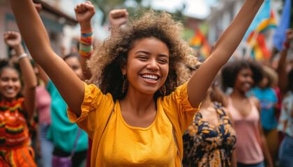 Happy black woman woman at the Pride parade. 