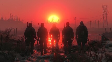   A group walks through a foggy field, adjacent to a water body, with the sun as a backdrop