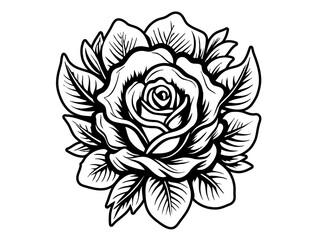 Retro old school roses for chicano tattoo outline. Monochrome line art, ink tattoo. Bold, graphic vector illustration of a rose in monochrome black and white