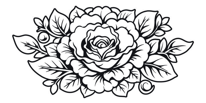 Retro old school roses for chicano tattoo outline. Monochrome line art, ink tattoo. Black and white rose flower in vector format with intricate floral botanical artwork. Nature-themed art