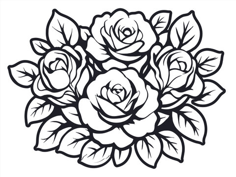 Retro old school roses for chicano tattoo outline. Monochrome line art, ink tattoo. Stylized vector illustration of a bouquet of roses in monochrome black and white