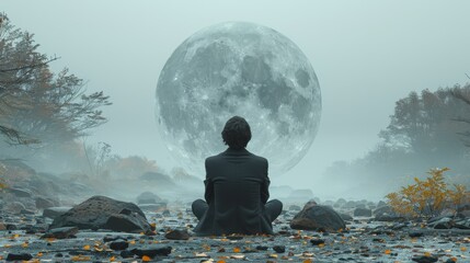   Person on rock before foggy forest's full moon Moon completely fills background - obrazy, fototapety, plakaty