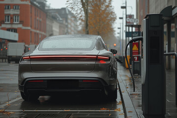 Car parked at gas station on rainy day