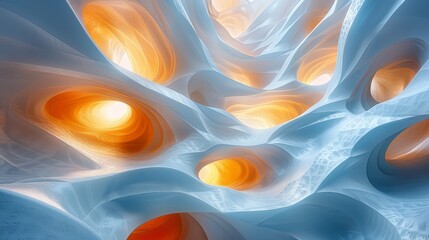  orange and white circular forms against a blue canvas backdrop, accompanied by white and orange spiraling whorls