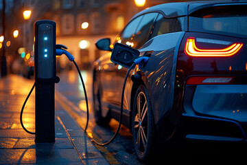 Electric car plugged into charging station - obrazy, fototapety, plakaty