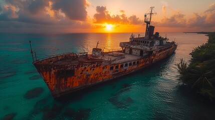   A large, rusted ship anchored in the heart of a tranquil body of water as the sun set behind it - obrazy, fototapety, plakaty