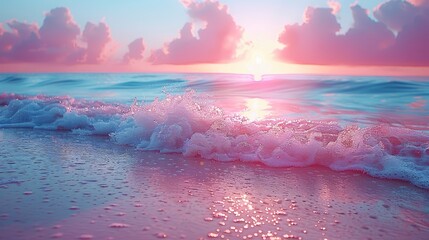   The sun sets over pink and blue ocean waters, foaming waves lapping at the sand - obrazy, fototapety, plakaty