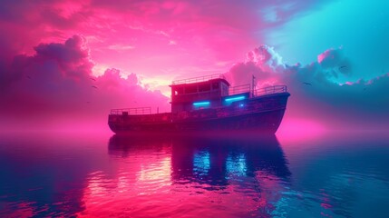   A large boat floats on a body of water, its reflection rippling the surface Above, a purple and blue sky is dotted with scattered clouds - obrazy, fototapety, plakaty