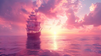   A sailboat in the heart of a vast expanse of water as the sun sets, painting the sky behind it - obrazy, fototapety, plakaty
