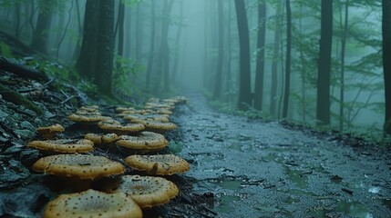   A group of mushrooms sits along a dirt road, surrounded by forest, in a foggy condition - obrazy, fototapety, plakaty