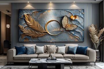 three panel wall art, golden ring with feathers and butterflies, blue gray color scheme, marble background